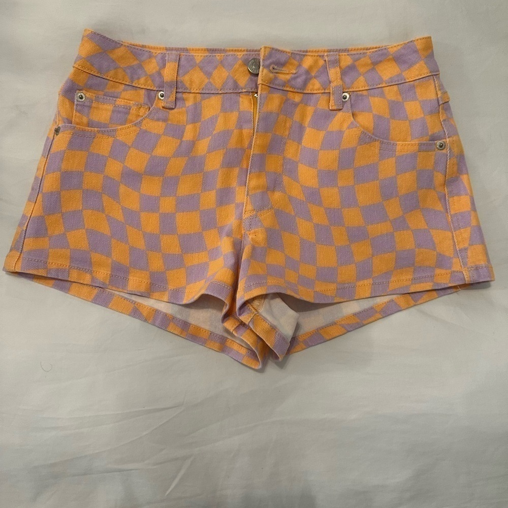 NWOT Forever 21 girl’s retro geometric color checkered denim shorts - size US25 - Picture 1 of 5